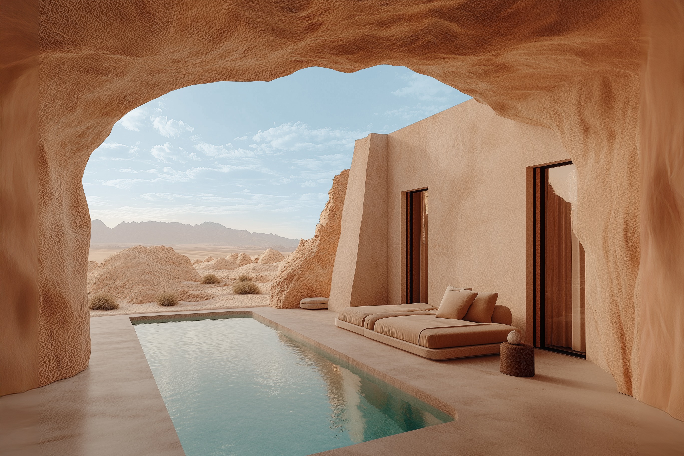 Desert cave resort with sandstone arch framing a private plunge pool